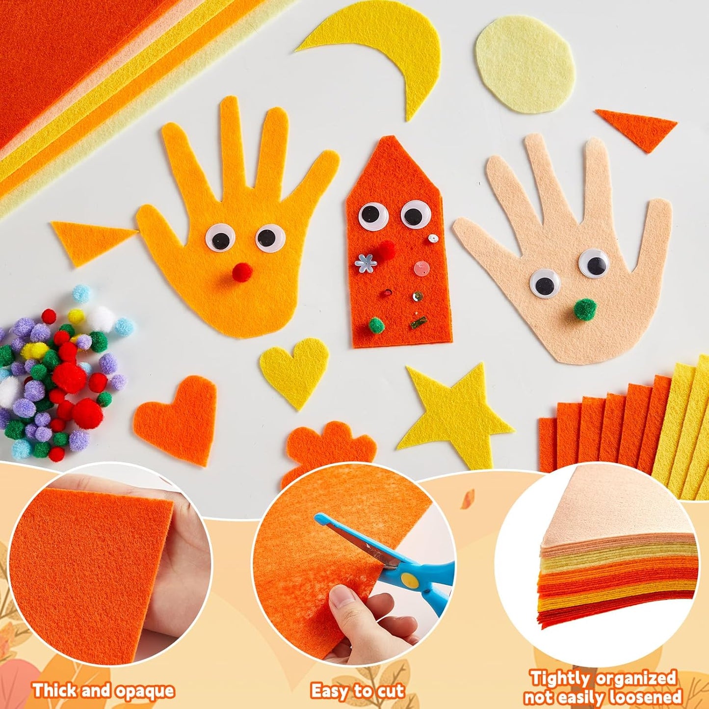 42Pcs Fall Felt Fabric Sheets 8 x 12 Inch Thanksgiving Yellow Orange Assorted Soft Thick Felt Pack with Wiggle Google Eyes Pom Poms Glitter Patchwork for Autumn DlY Sewing Creative Art Project Decor