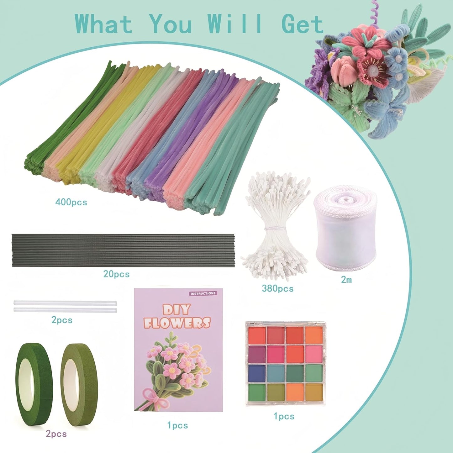 Pipe Cleaners Craft, 400pcs Pipe Cleaners with Flower Stems, Floral Tape, Ribbon, for Flower Bouquet DIY-Colorful