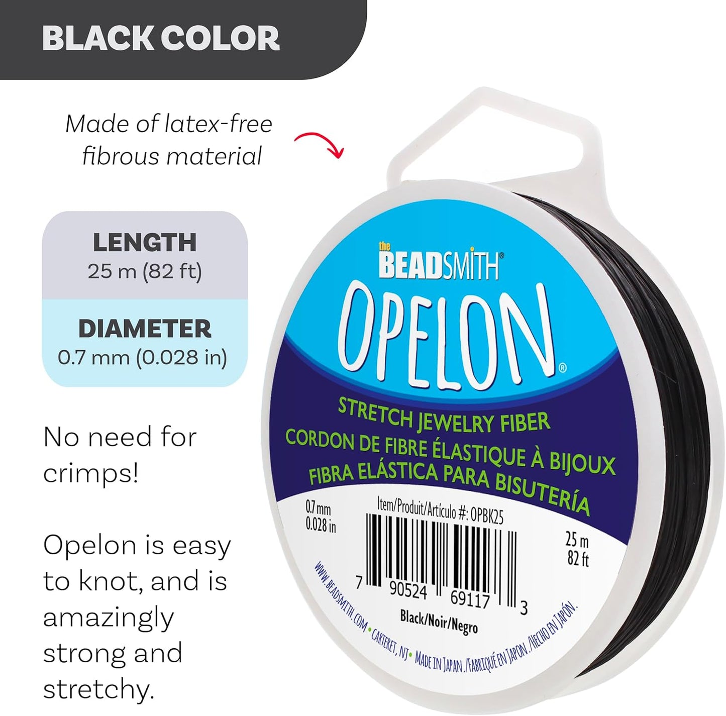 The Beadsmith Opelon Stretch Cord – Elastic Beading Fiber, Black, 0.7 mm Diameter, 25 Meters (82 ft) Spool