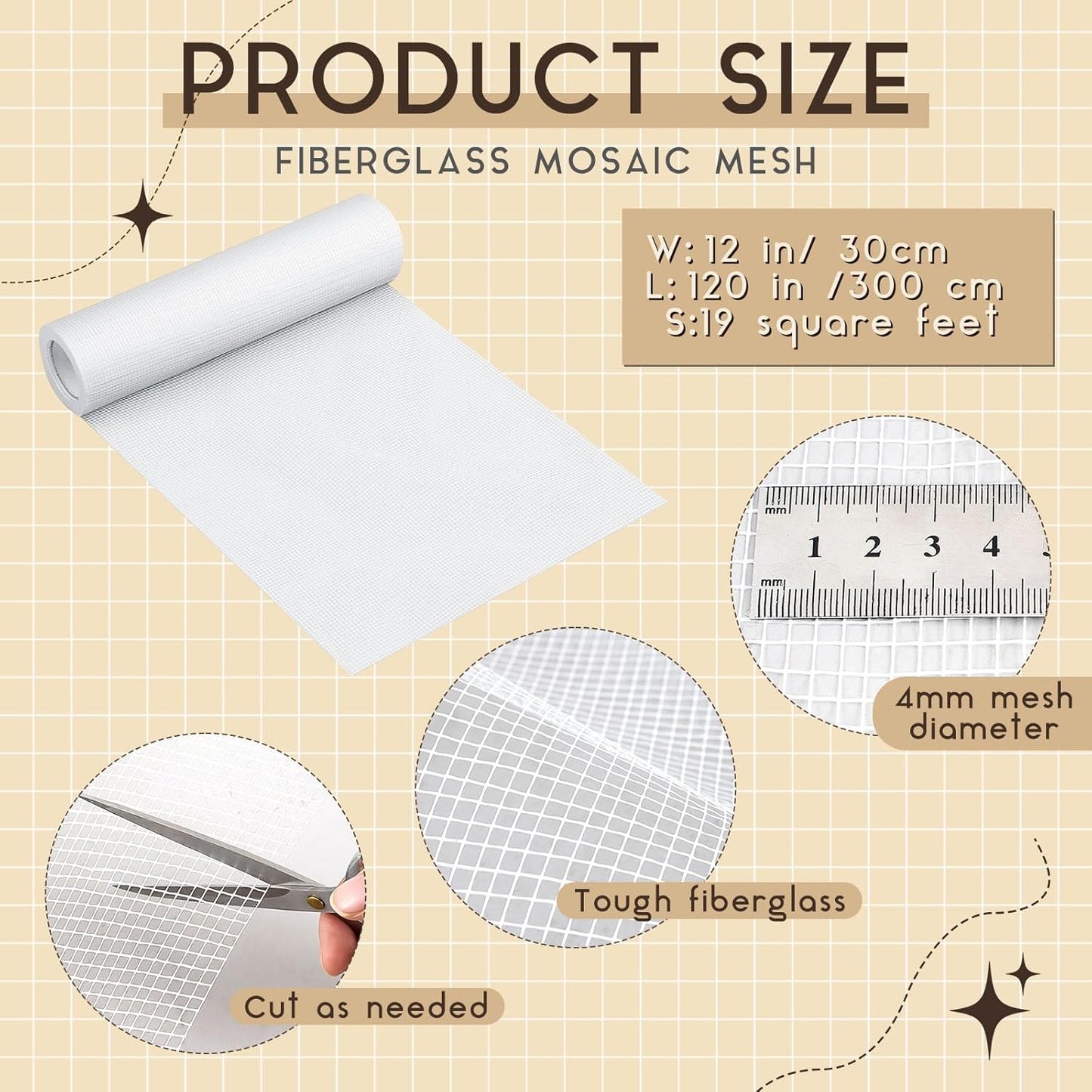 12" x 120" Mosaic Mesh for Back Mounted Tile Fiberglass Mosaic Mesh Backing Boast for Tile Installation Supplies Tools(Non Sticky)