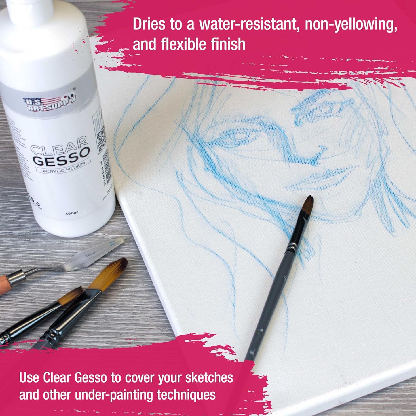 U.S. Art Supply Clear Gesso Primer (16oz) for Oil & Acrylic Painting - Enhances Blending & Canvas Paint Prep - Mixable Clear Gesso Primer for Acrylic Painting