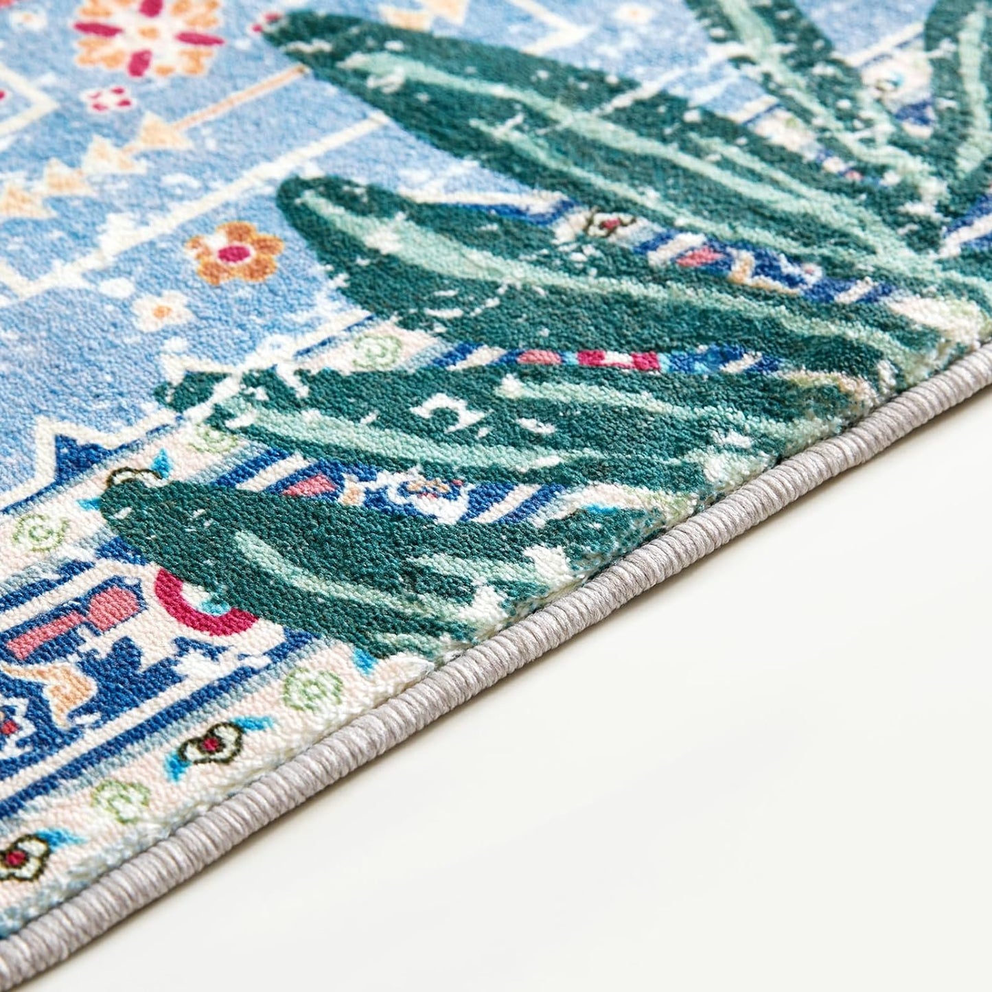 Oriental Tropical Hallway Runner Rug 2x6 Washable, Thin Stain Resistant Blue Boho Runner Rug for Entryway Kitchen Bedroom Laundry, Vintage Abstract Hippie Indian Botanical Long Floor Carpet