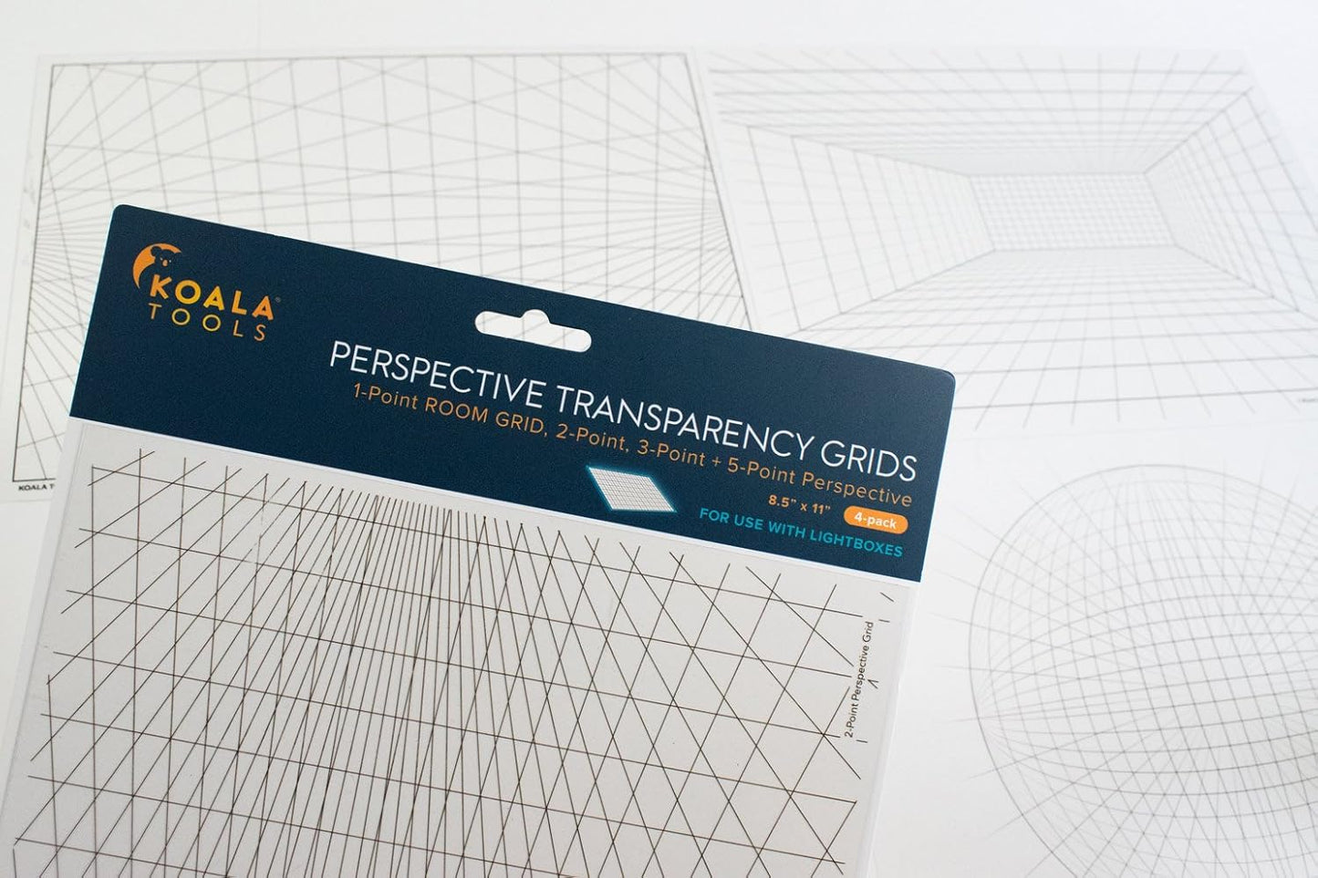 Koala Tools | Perspective Grid Transparency Sheets (Variety Pack of 4) - 8.5" x 11" | Overhead Projector and Light Box Transparencies - Tracing Film for Sketching & Drawing