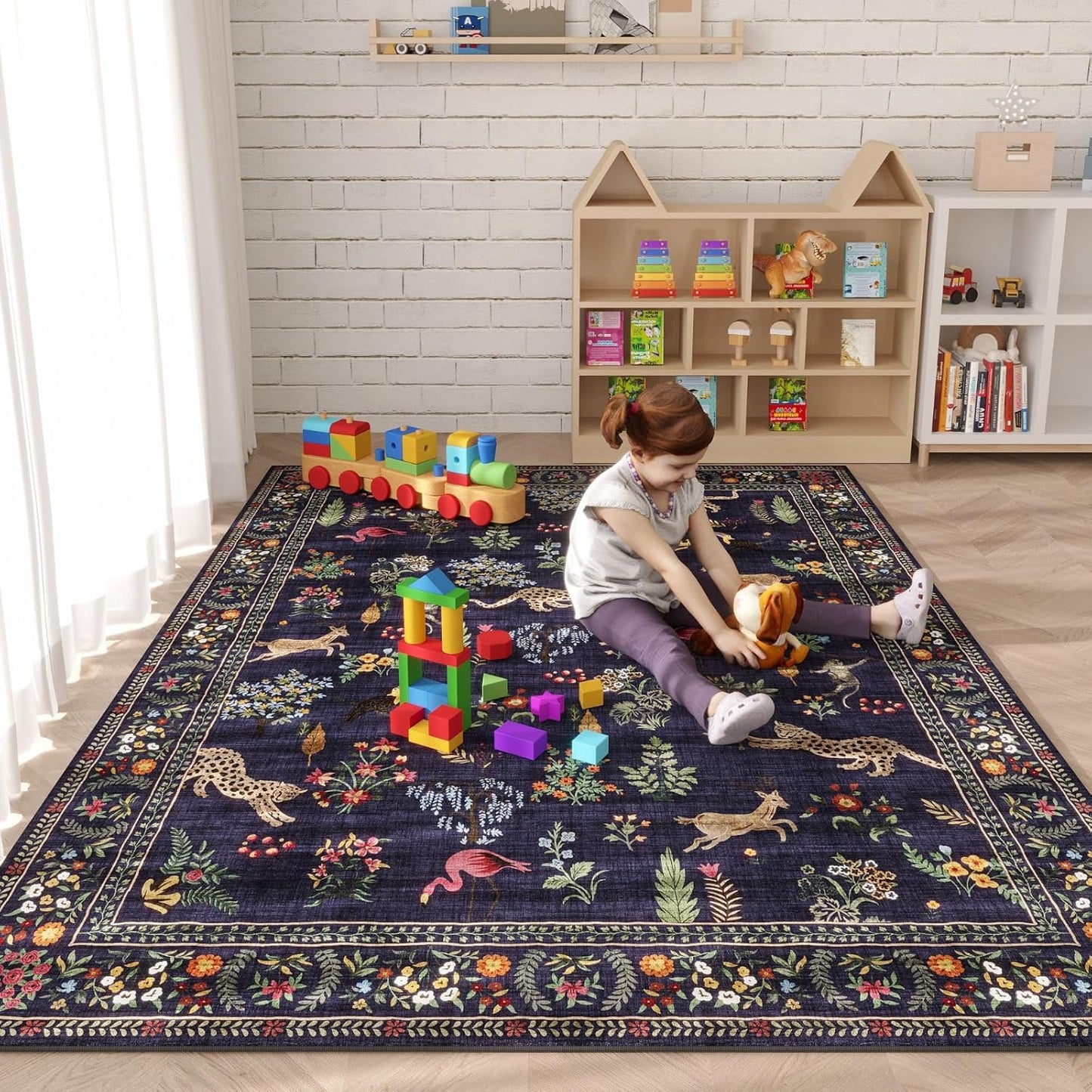 Rugcomf Living Room Rug 6x9 Rug Machine Washable Boho Area Rug Non Slip Floral Animal Vintage Low Pile Large Rug for Living Room, Bedroom, Farmhouse, Dining Room, Kids Playroom (Blue)