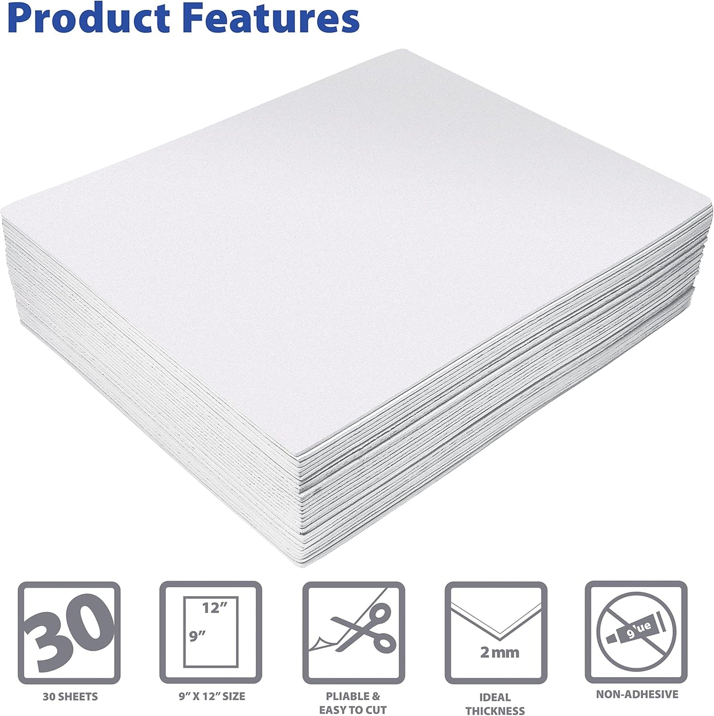 Better Office Products White EVA Foam Sheets, 30 Pack, 2mm Thick, 9 x 12 Inch, White Color, for Arts and Crafts, 30 Sheets Bulk Pack