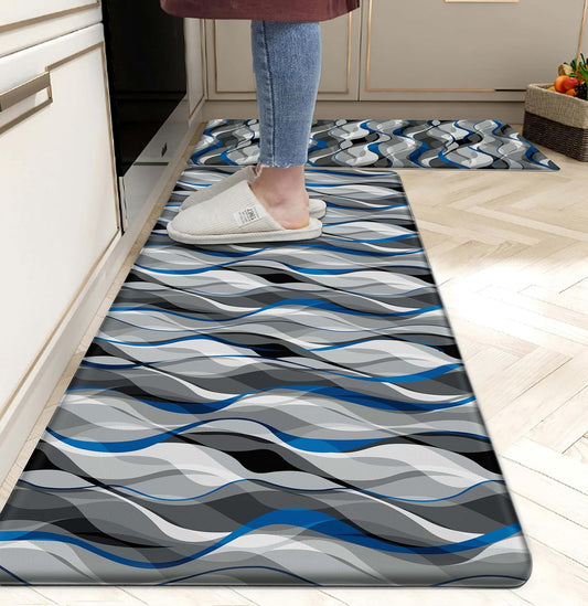 Kitchen Mats for Floor Modern Abstract kitchen rugs Grey and Blue Stripe Anti Fatigue Kitchen Mats Waterproof Floor Mats Cushioned Non-Skid Standing Mats for Kitchen, Set of 2,17.3 x 28+17.3 x 47