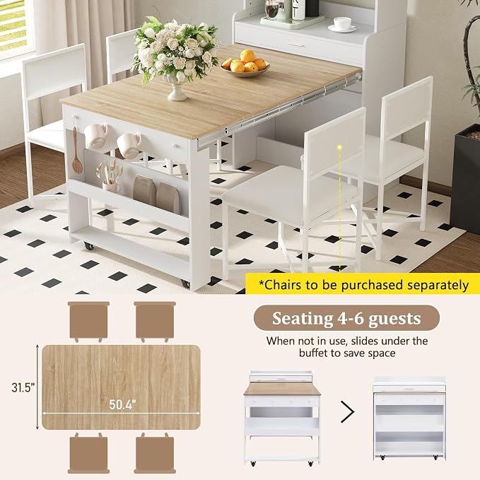 Compact Buffet with Hutch and Foldable Dining Table, 2-in-1 Buffet - Image 5