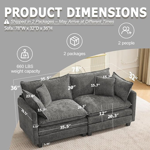 78" Modular Sectional Sofa, Cloud Couch Loveseat Sofa, Deep Seat Washable - Image 2
