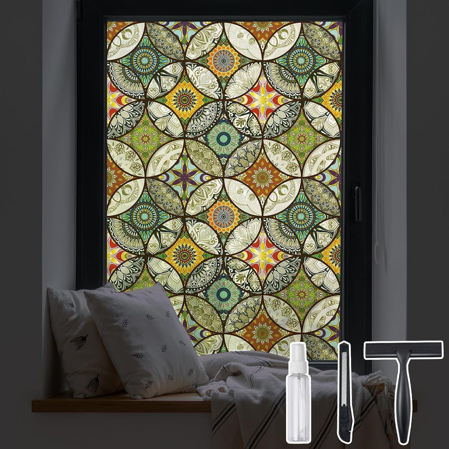 DKTIE Static Cling Decorative Window Film with Installation Tools Non Adhesive Privacy Film Stained Glass Window Film for Bathroom Shower Door Heat Cotrol Anti UV 17.7 x 118.1 Inch