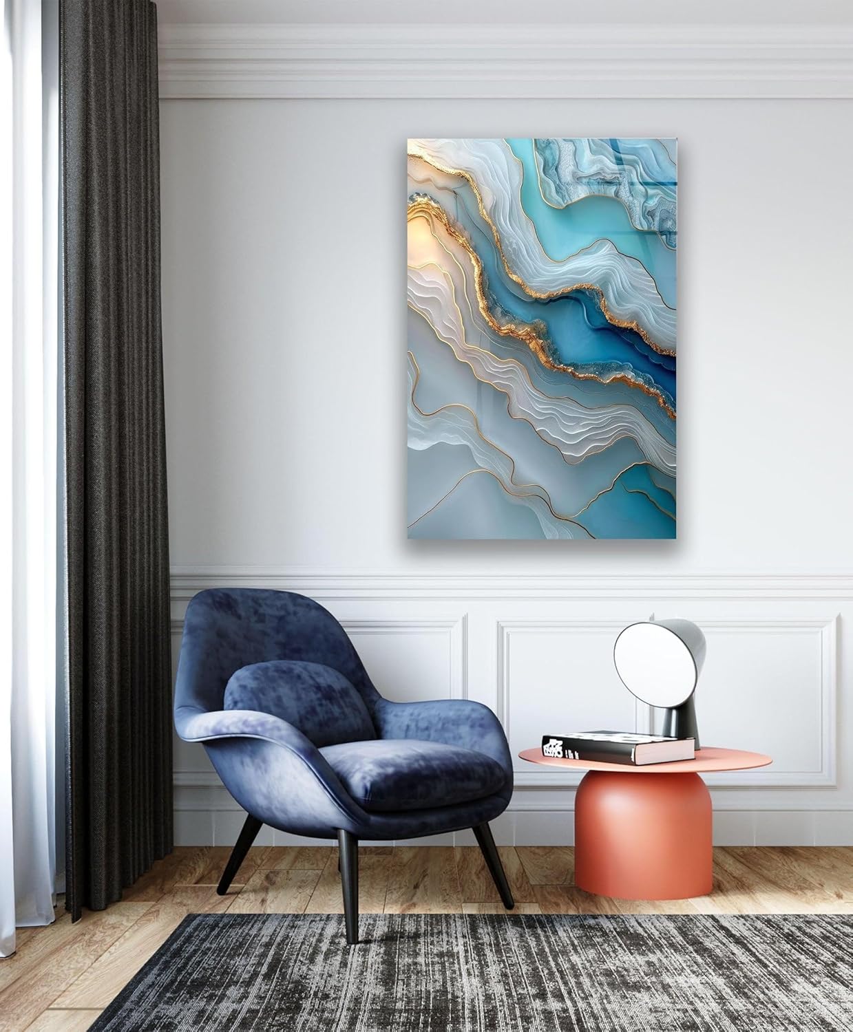 My Photostation.com Round 24'' Turquoise and Blue Alcohol ink Glass Wall Art Tempered Glass Printing Wall Decor Large Wall Art Wall Hangings