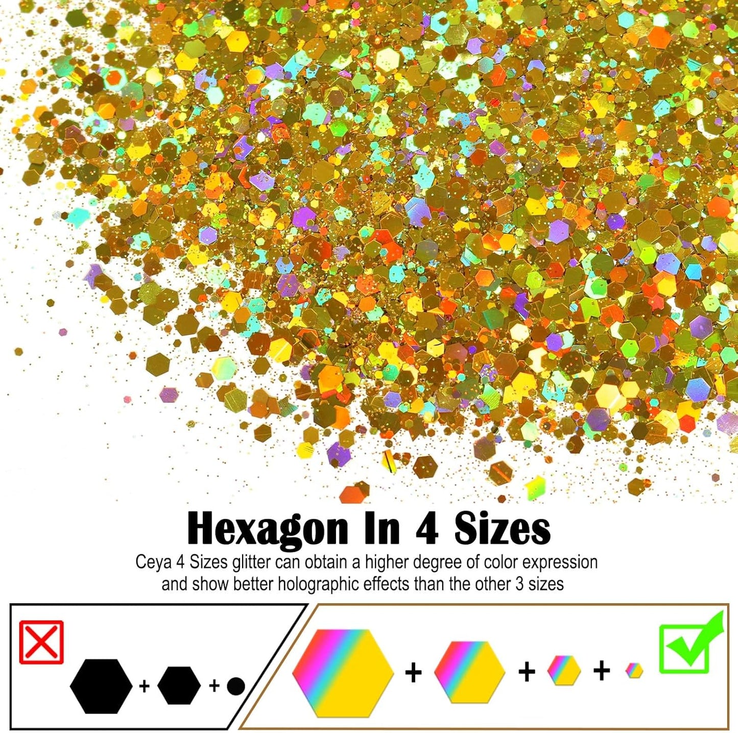 Ceya Holographic Chunky Glitter, 4.9oz/ 140g Lazurite Gold Craft Glitter Powder Mixed Fine Flakes Iridescent Nail Sequins for Nail Art, Hair, Epoxy Resin, Tumblers, Slime, Painting, Festival Decor