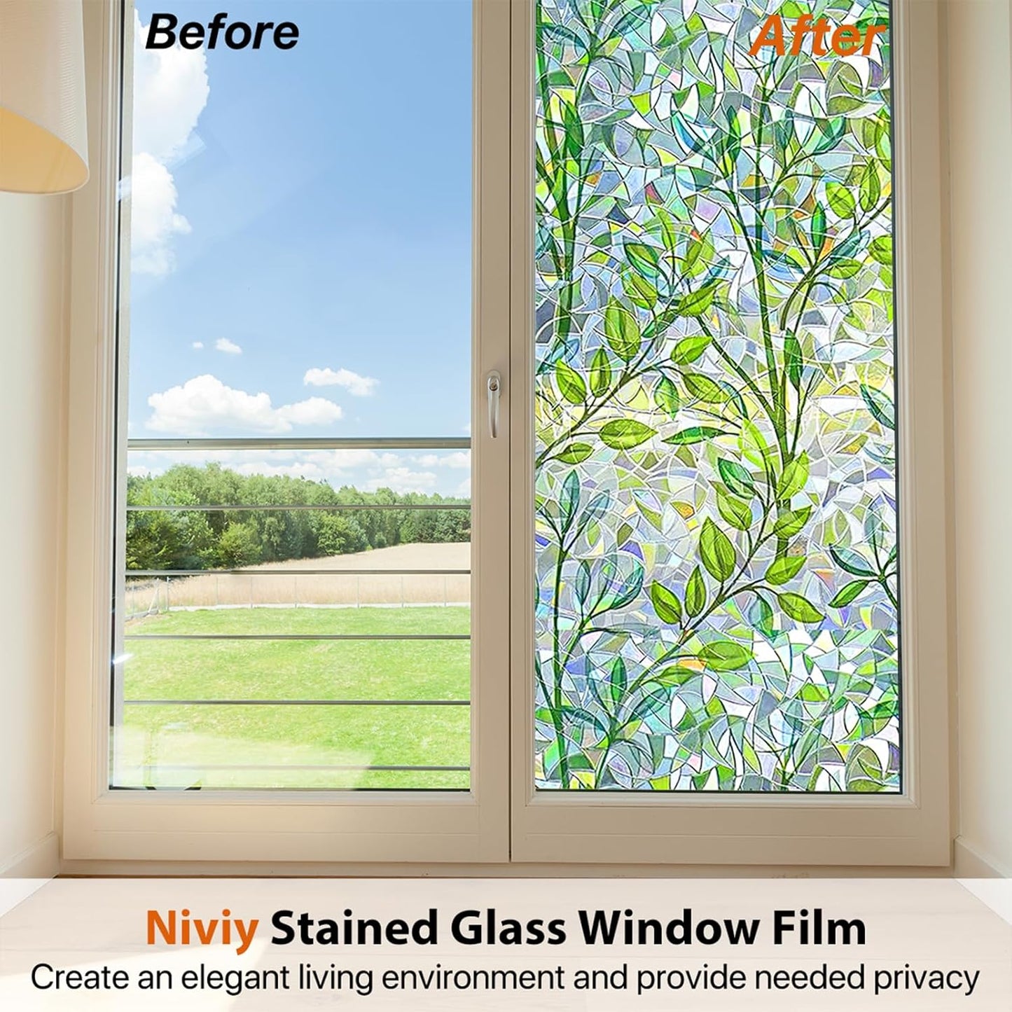 Niviy Window Privacy Film Stained Glass Window Film with Installation Tools, Rainbow Windows Decorative Decals Non-Adhesive Reusable for Home, Bathroom, Glass Door (Leaf Rainbow, 35.4 x 78.7 in)