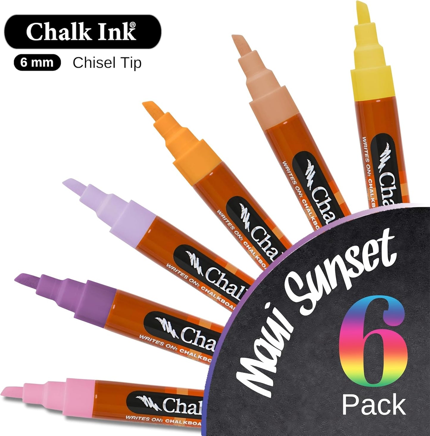 Chalk Ink Chisel Tip Wet Wipe Chalk Markers (Maui Sunset, 6mm, 6 Pack)