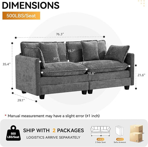 76'' Cloud Deep Seat Loveseat, Upholstered Chenille Modular 2-Seats Sectional - Image 2