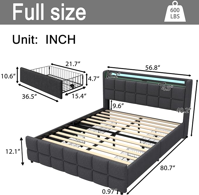 Full Size Bed Base with Multiple Color LED Lighting, Linen Upholstered Bed - Image 2