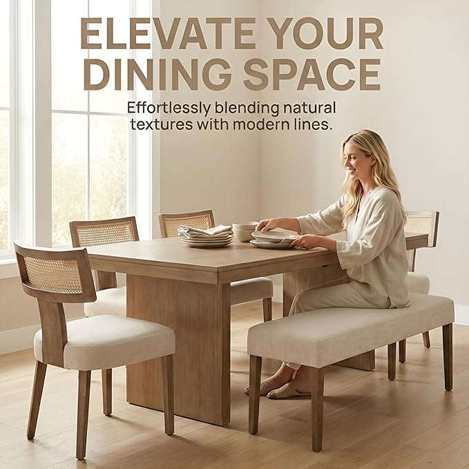 HNY Mid Century Modern Rattan Dining Chairs Set of 6, Farmhouse Linen - Image 7