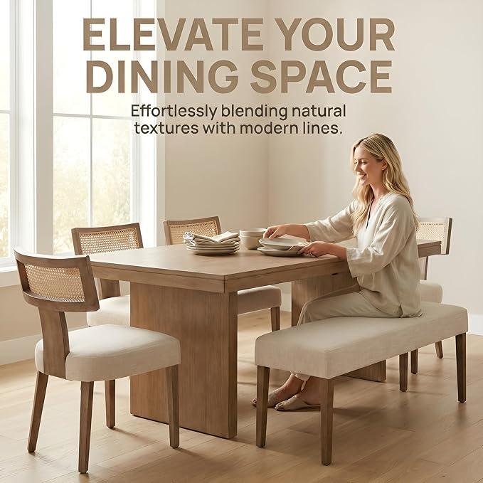 HNY Mid Century Modern Rattan Dining Chairs Set of 4, Farmhouse Linen - Image 7