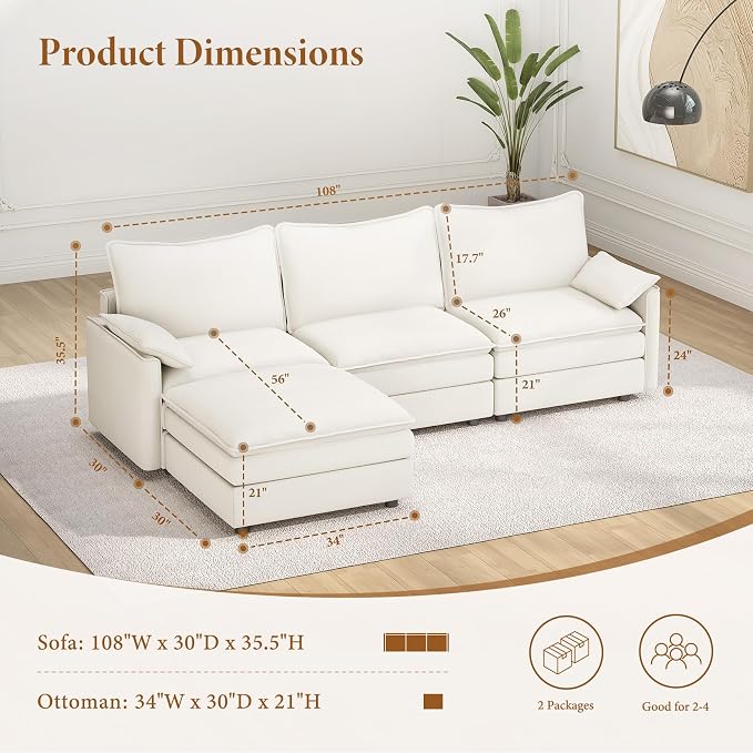 Vesgantti 108" Modular Sectional Sofa, Comfy Cloud Couch - Image 2