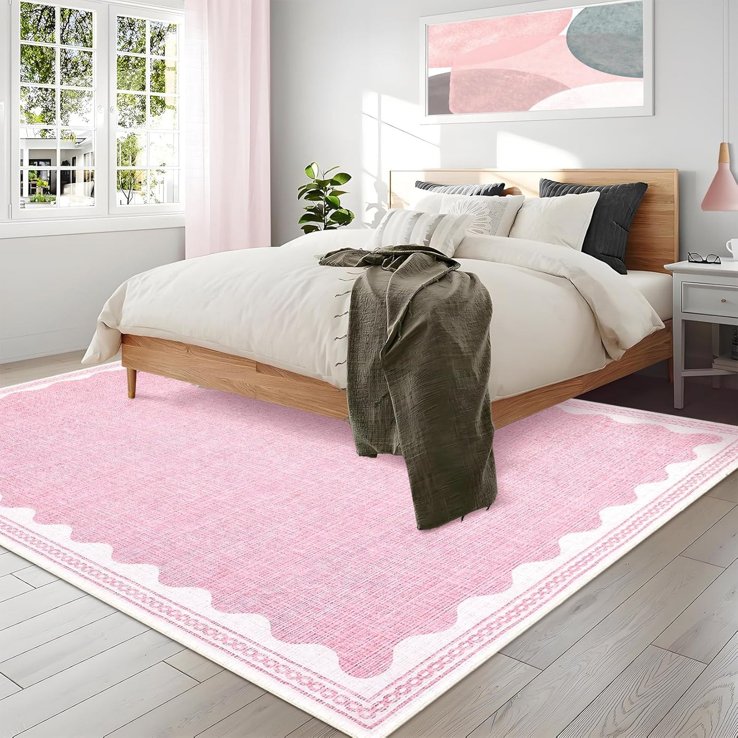 Scalloped Washable Rug 9x12 Area Rugs for Living Room, Solid Pink Rug for Bedroom Girls, Non Slip Throw Mat with Rubber Back, Soft Dorm Nursery 9x12 Carpet for Dining Room
