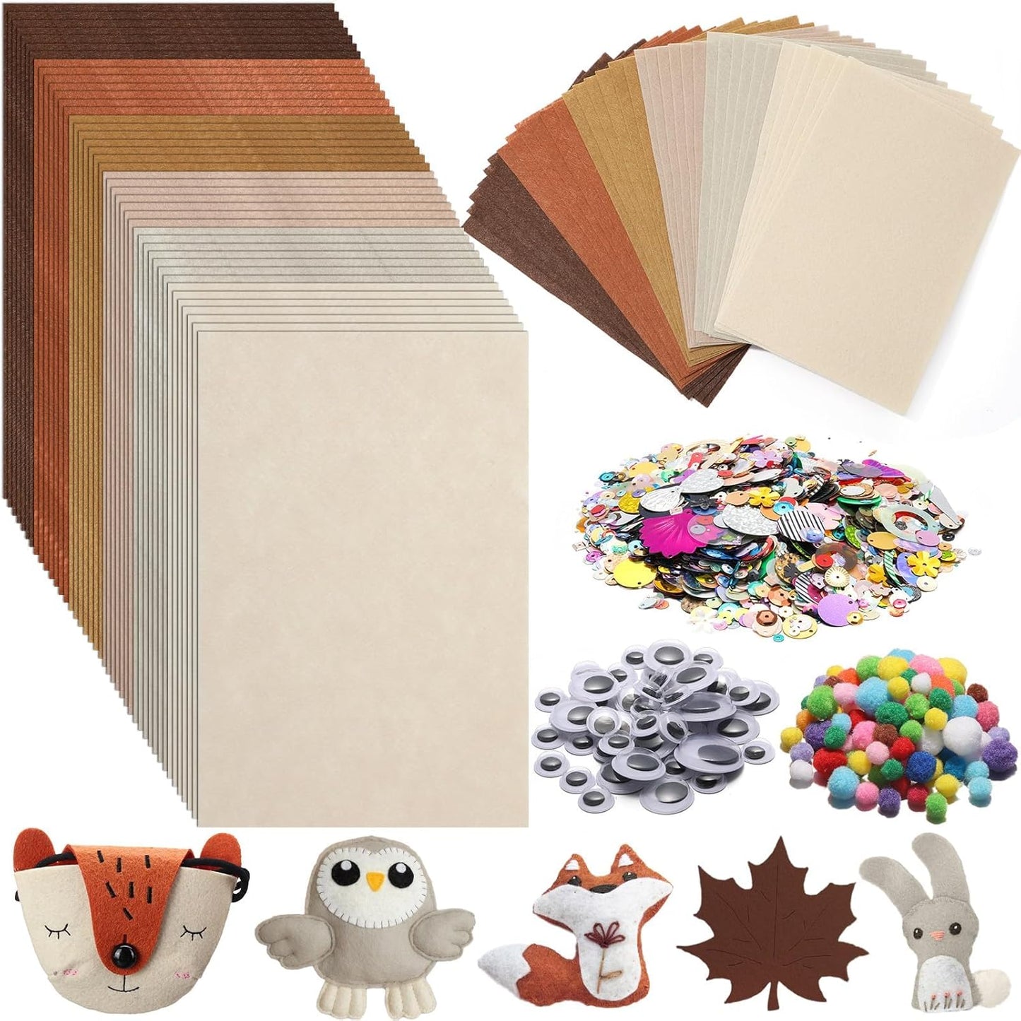 gisgfim 42Pcs Brown Felt Fabric Sheets Craft Kit 8 x 12 Inch Assorted Soft Thick Tan Felt Pack with Wiggle Google Eyes Pom Poms Glitter Patchwork Craft Supply for DlY Sewing Creative Art Project Decor