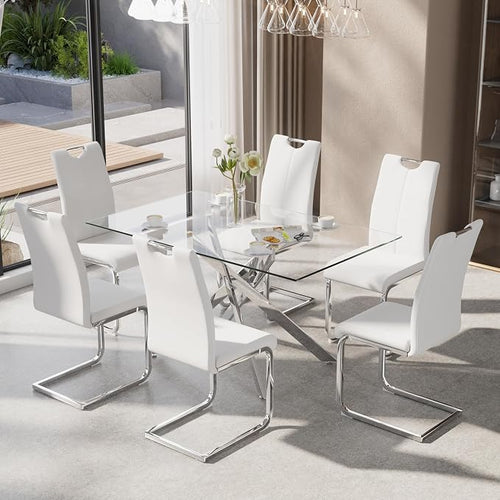 7-Piece Dining Table Set for 6, Modern Rectangular Glass Table by KATBOCFurniture