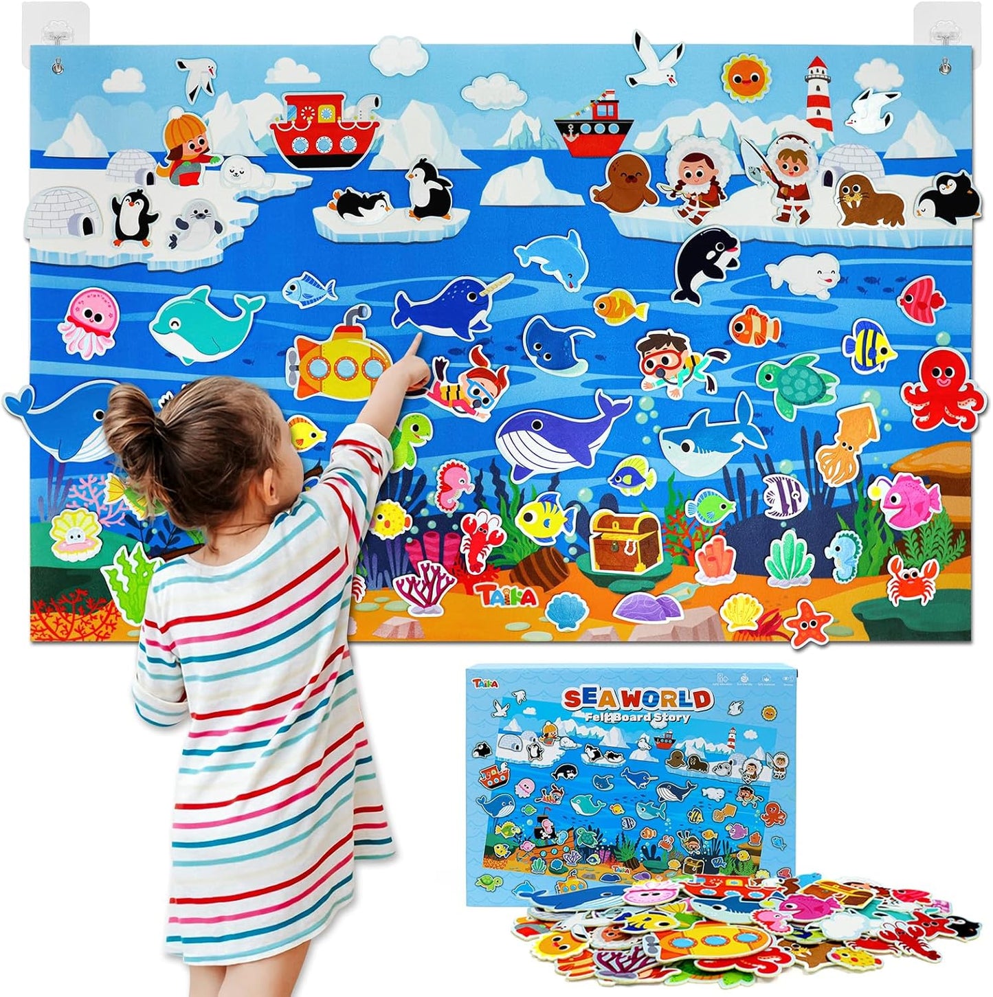 Taika 70 Pcs Ocean Felt Story Board Set, 43x28 inch Interactive Felt Story, Fuzzy Flannel Board, Preschool Storytelling, Classroom Educational Learning Play Kit, Interactive Teaching Kit