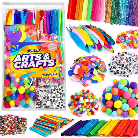 FUNZBO 2000Pcs+ Arts & Crafts Supplies Kits for Kids, DIY Craft Supplies for Toddlers Art Supply Tools Set Include Pipe Cleaners,Pom Poms and Feather, Crafts Birthday Gifts for Kid Girls Ages 4-8-12