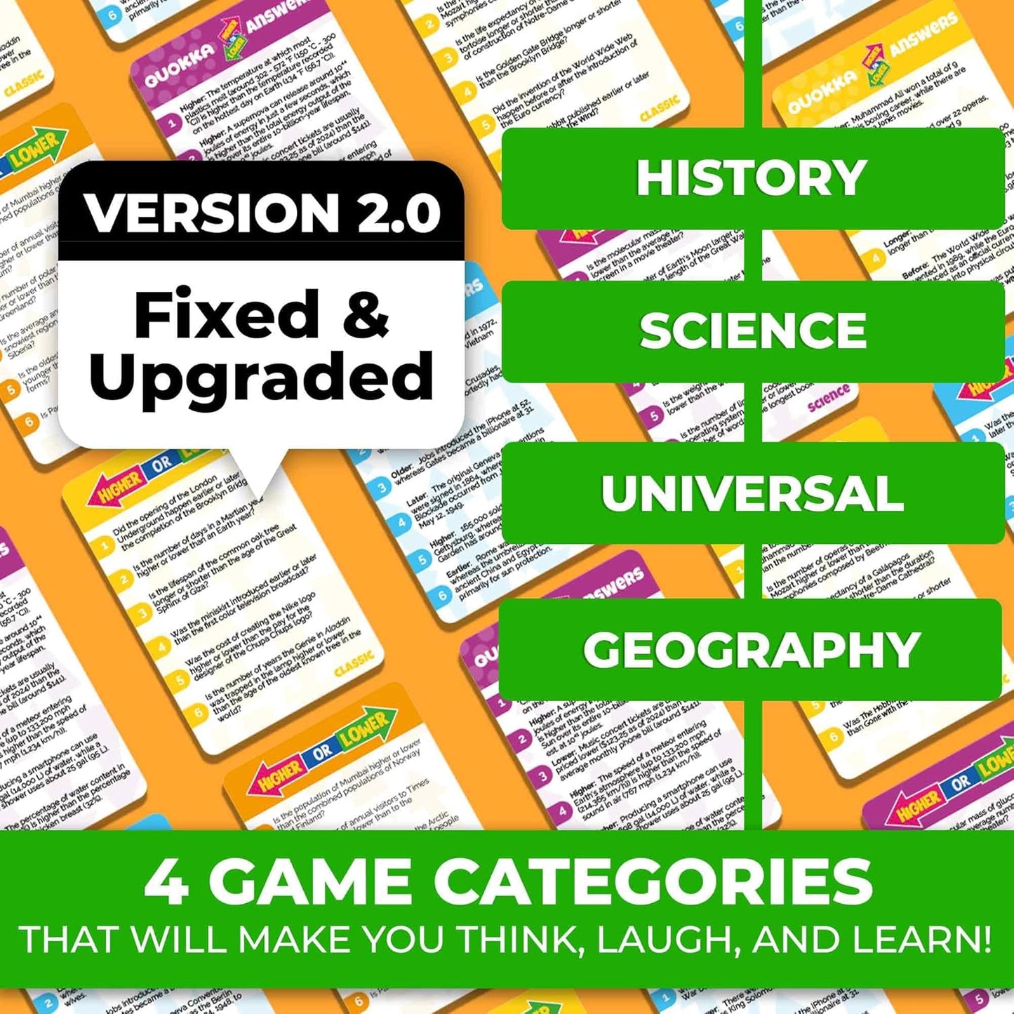 QUOKKA Trivia Board Games for Kids and Adults V2.0 - Family Night Board Game Cards 4xSet to Guess Fun Questions | Easy to Learn | 2 + Players - Challenge History, Science, Geography & More