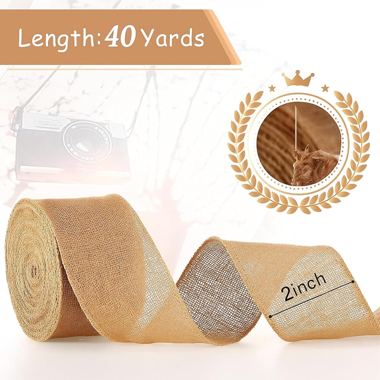 Chuangdi 40 Yard 2 Inches Burlap Ribbon Wide Jute Ribbon Natural Burlap Fabric Roll Wired Edge for Wreaths, Christmas Tree Decoration, Big Bow Crafts, Gift Wrapping, Wedding