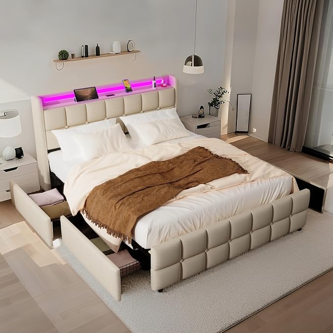 Full Size Bed Base with Multiple Color LED Lighting, Linen Upholstered Bed by BIOEVER