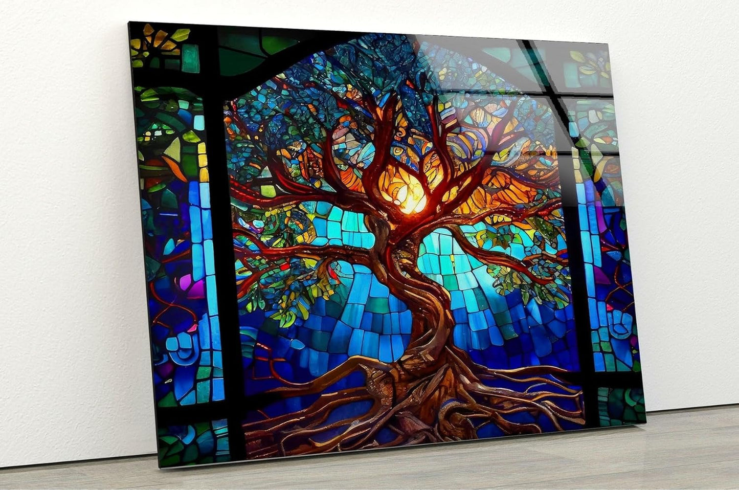 My Photostation.com 28Wx18H'' Stained Blue Life of Tree Glass Wall ArtTempered Glass Printing Wall Decor Large Wall Art Wall Hangings