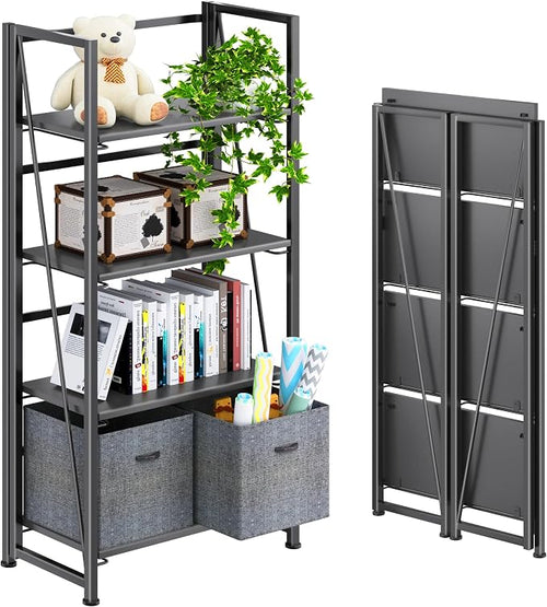 4NM No Assembly Folding Bookshelf Storage Shelves 4 Tiers Vintage Bookcase by 4NM