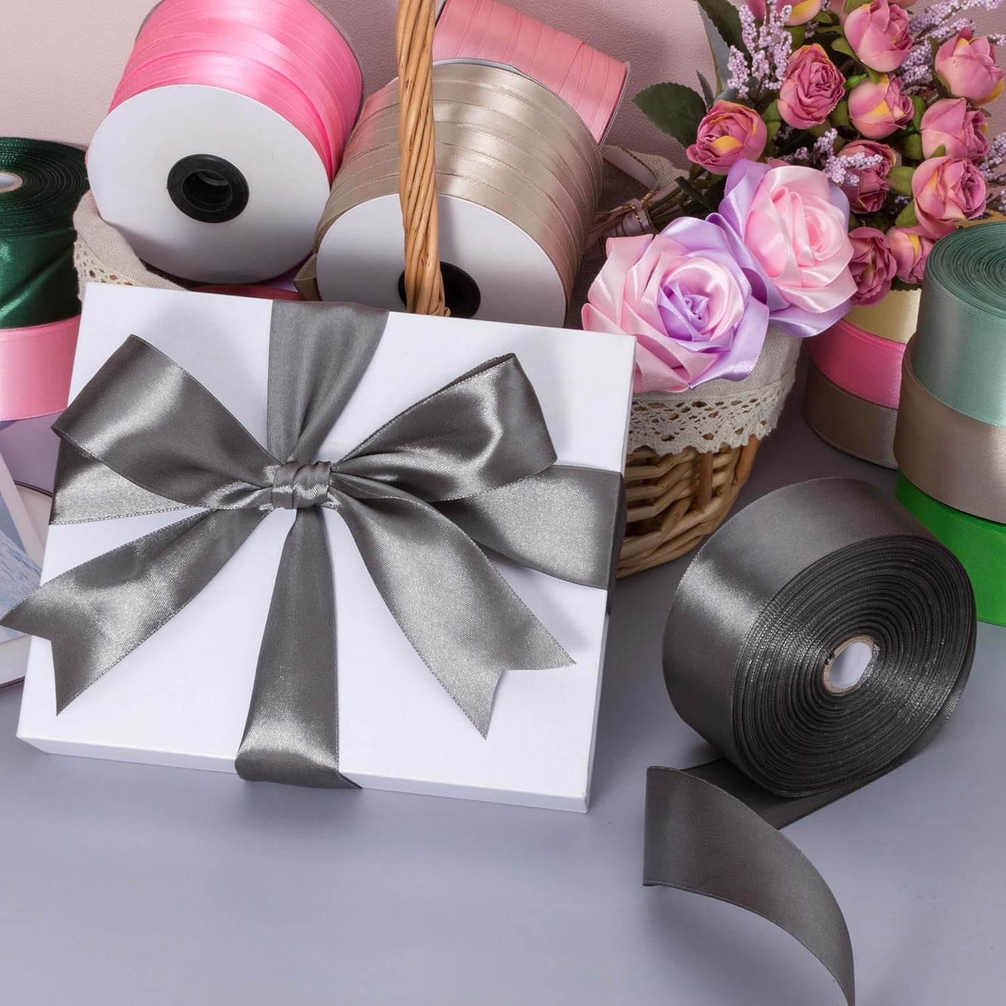 1 Inch Steel Gray Solid Satin Ribbon, 50 Yards Craft Fabric Ribbon for Gift Wrapping Floral Bouquets Wedding Party Decoration