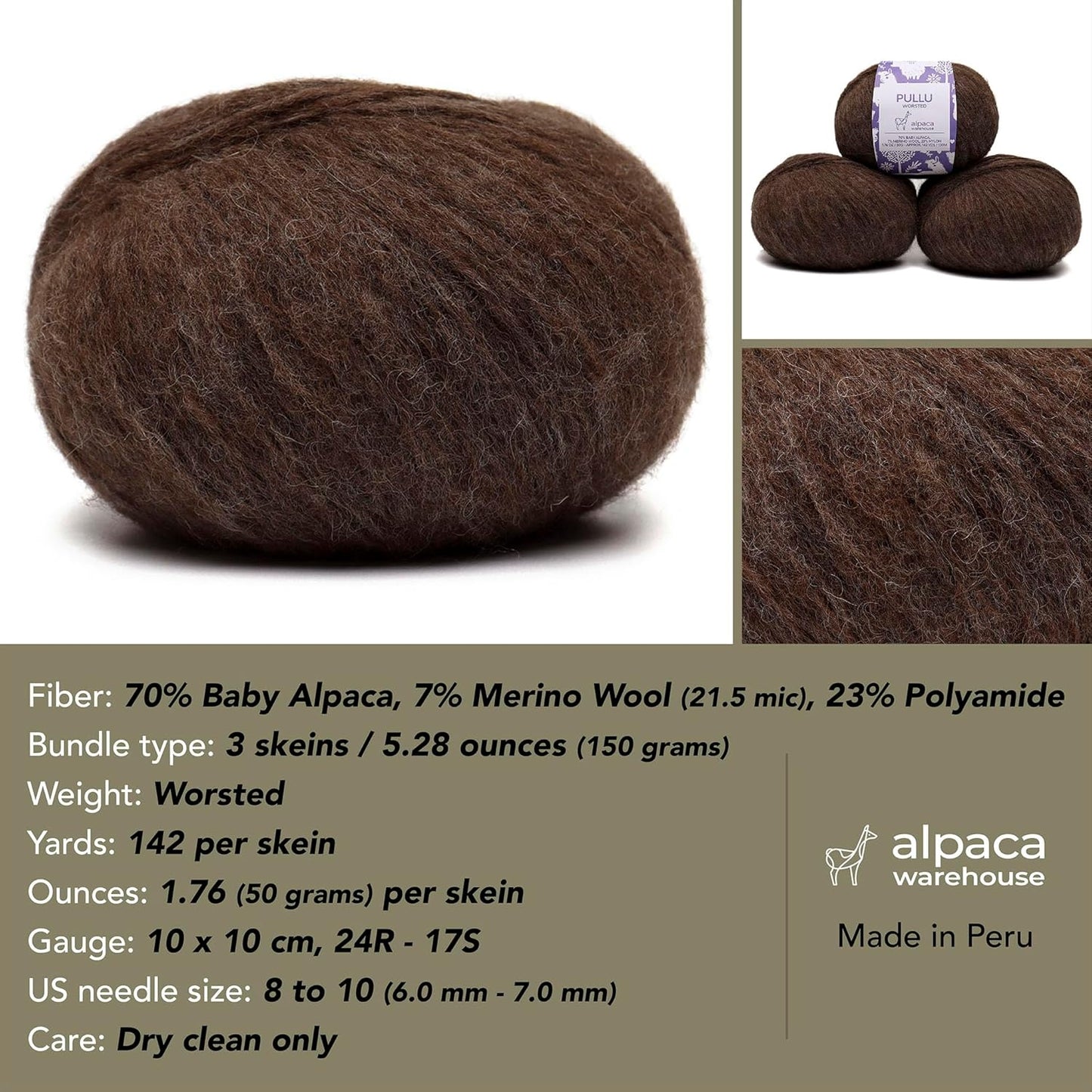 Pullu - Baby Alpaca Merino Wool Yarn Set of 3 Skeins (150 Grams) Worsted Weight - Sourced Directly from Peru - Heavenly Soft and Perfect for Knitting and Crocheting (Mocha)