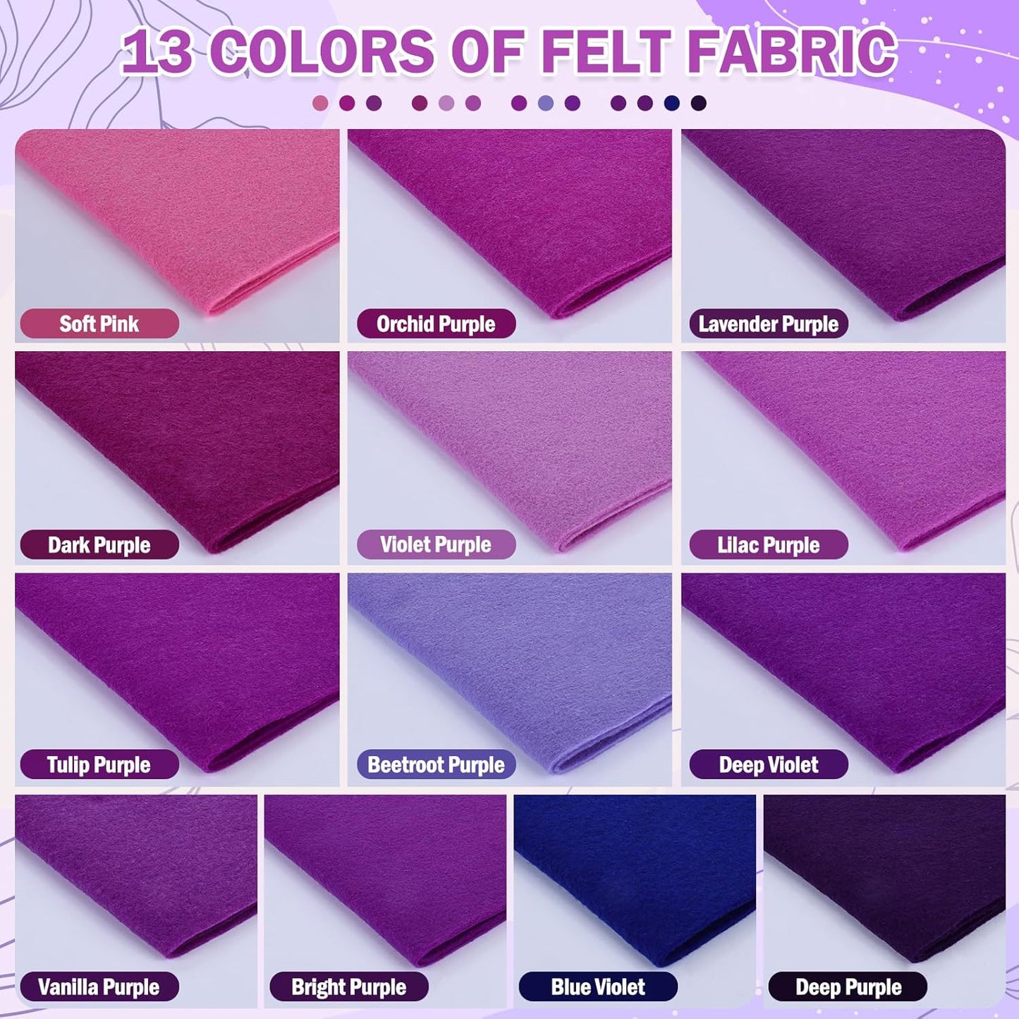 XSEINO 13 Rolls 8"x35" 1.4mm Thick Soft Felt Fabric Sheet 13 Assorted Purple Series Colors Felt Pack for DIY Craft Sewing Squares Nonwoven Patchwork