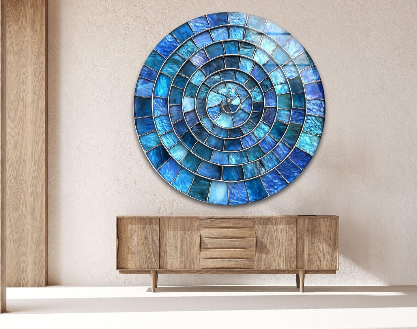 My Photostation.com 24''(60cm) Diameter Blue Aqua Spiral Harmony Round Glass Wall Art Tempered Glass Printing Wall Decor Large Wall Art Wall Hangings