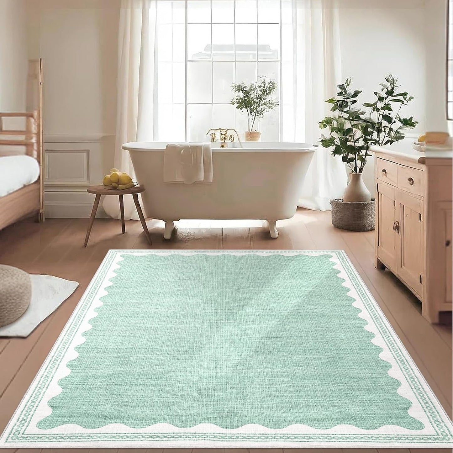 Scalloped Washable Rugs for Living Room, Solid Green 6x9 Area Rugs for Bedroom Girls, Non Slip Scalloped Rug with Rubber Back, Soft Dorm Nursery 6x9 Rugs for Dining Room