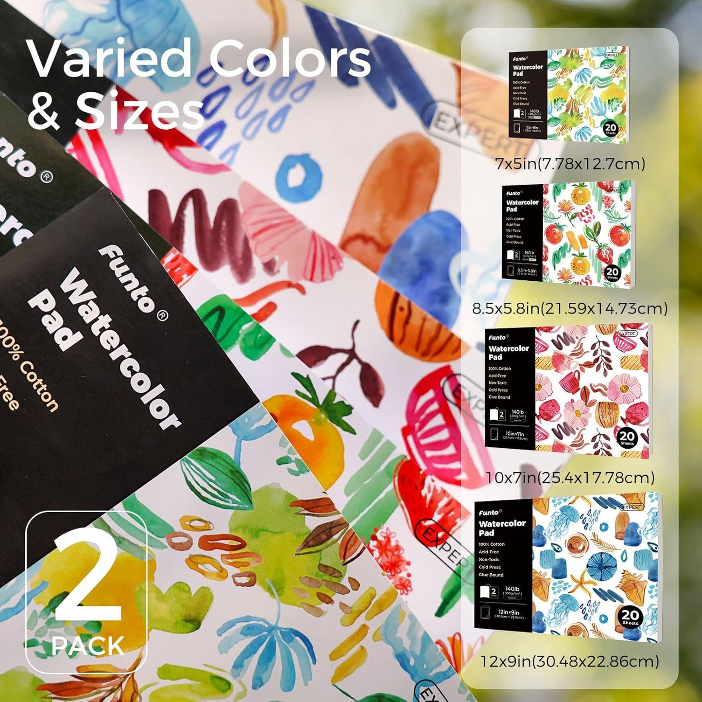 Funto Watercolor Pad, 2Packs, 12x9”, 20 Sheets Each, 140lb/300gsm, 100% Cotton, Cold Press, Glue Bound, Easy Tear Heavyweight Art Paper for Painting