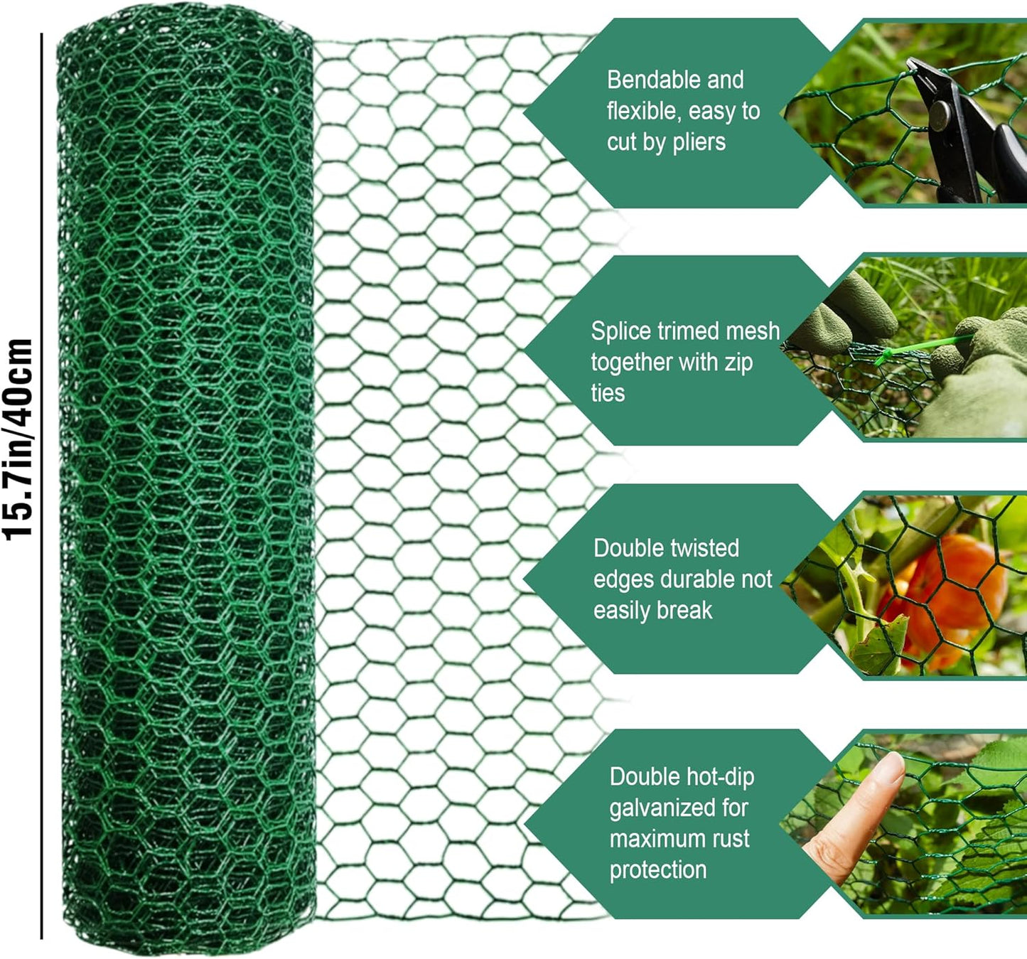 32.8FT x16Inch Plant Protectors from Animals - Wire Plant Protector Cages for Outdoor Plants, Free-Cut Metal Mesh Plant Covers Guards Fence, Chicken Wire Cloche with Ground Stakes,Zip Ties