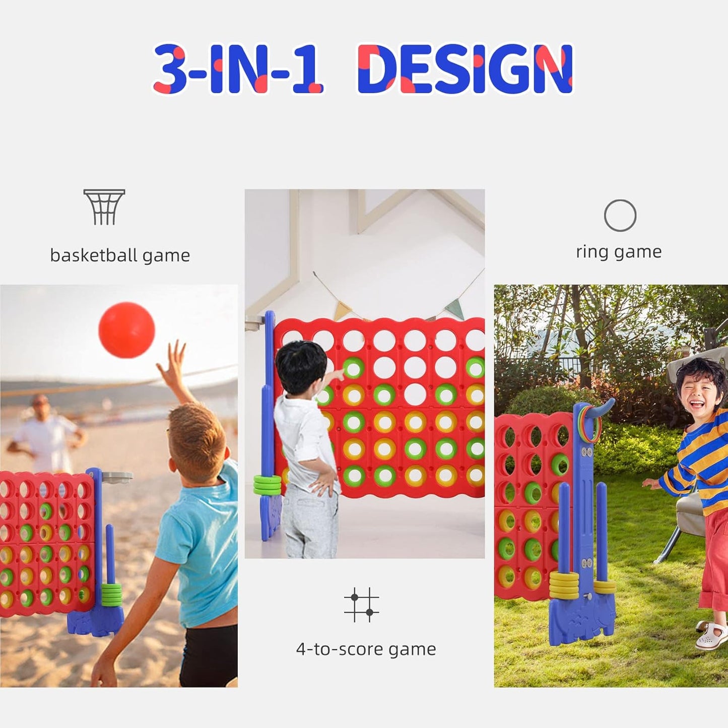 UNICOO Giant 4 in A Row Game with Carry Bag, Basketball Hoop, Ring Toss, 4-to-Score Game, Large Outdoor Yard, Parties & Gatherings (Blue & Red)