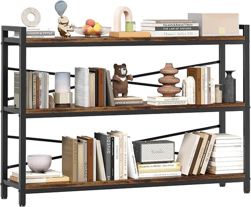 3 Tier Bookcase 47.24" Width, Long Industrial Book Shelf, Vintage Wooden Large by Homeiju