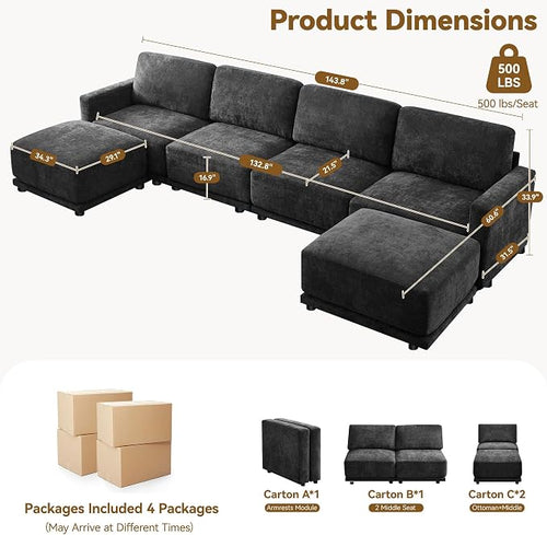 143.8" Modular U Shaped Sofa, Oversized Sectional Cloud Couch, 6 Seater Deep - Image 2