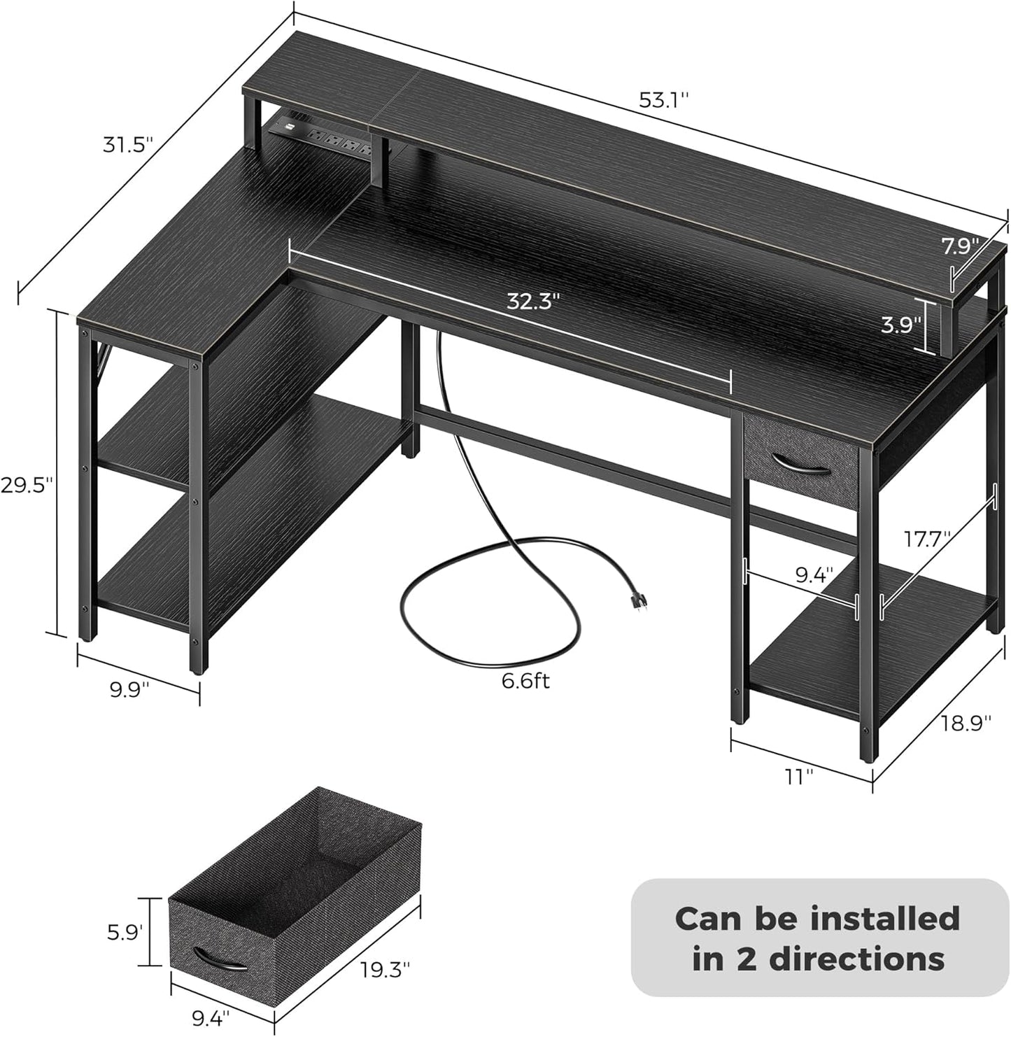 SUPERJARE 53 inch Reversible L Shaped Desk with LED Lights & Power Outlets, Computer Desk with Shelves & Monitor Stand, Gaming Desk with Drawer, Home Office Desk Corner Desk, Black