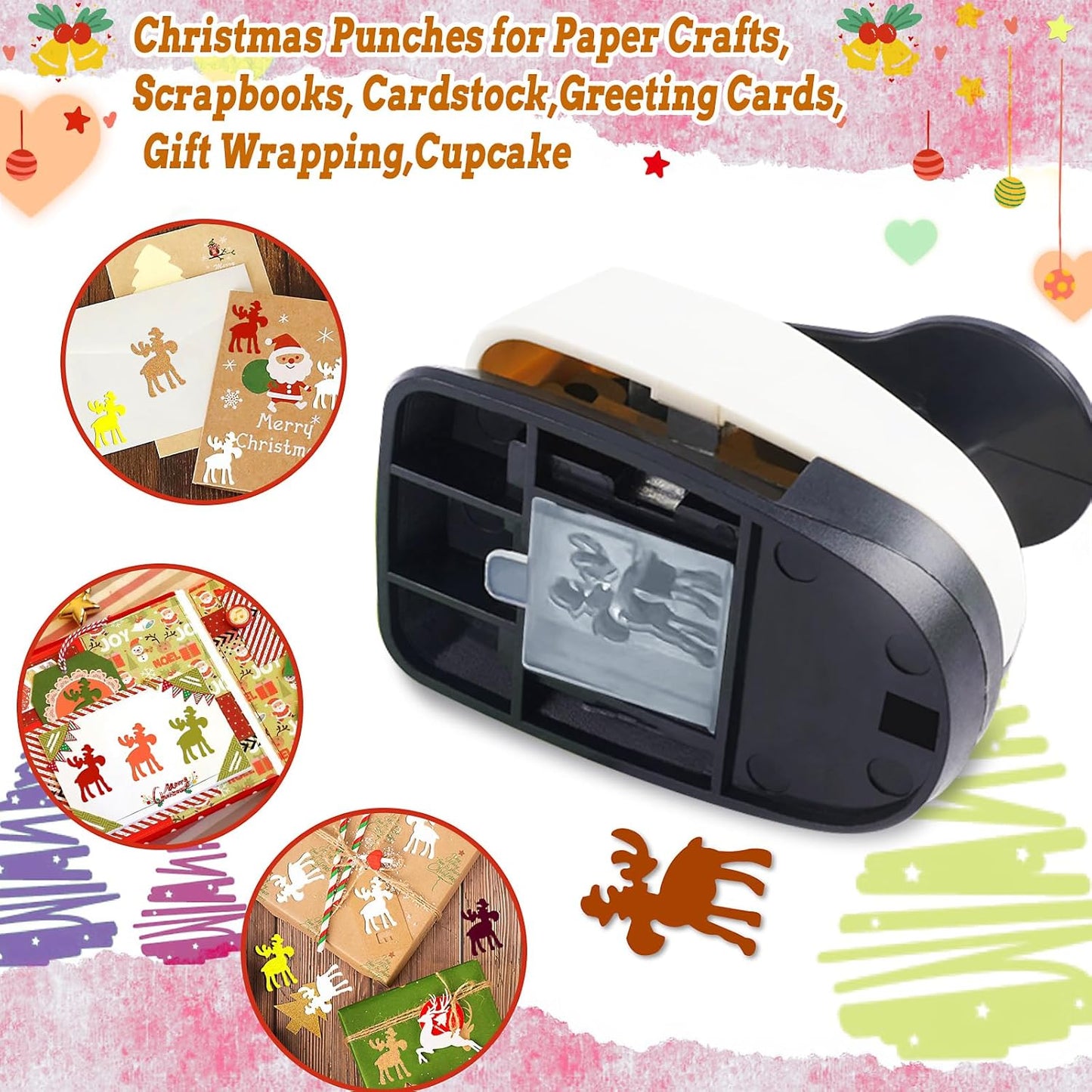 1 inch Christmas Punch for Craft, Deer Paper Punch for Paper Crafting, Reinforce Lever Action Deers Shape Hole Punches, Deer Punches for Scrapbooking Gifts DIY Arts