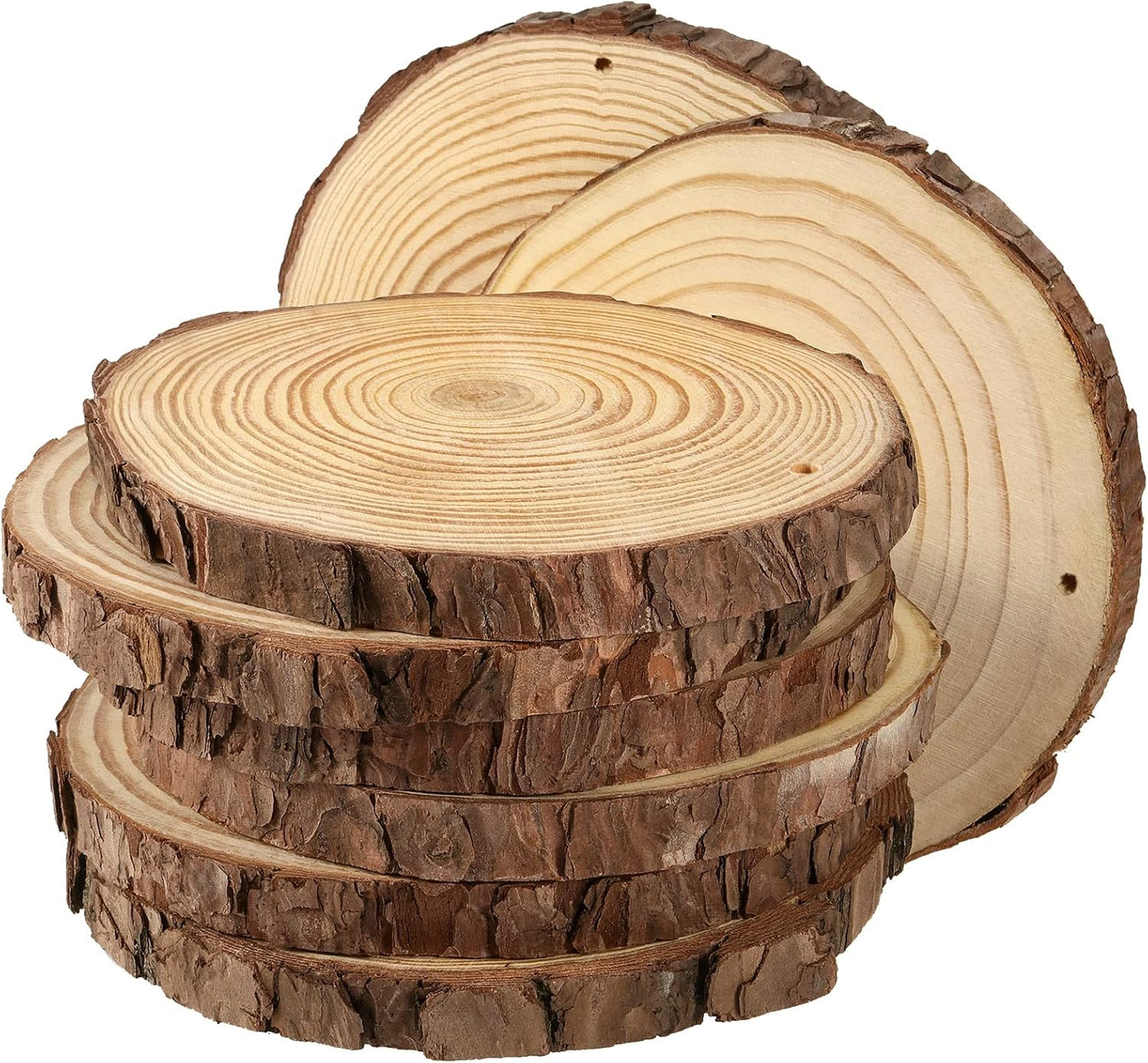 JEUIHAU 8 PCS 7-8 Inches Natural Wood Slices with Holes, Unfinished Predrilled Wooden Circles Tree Bark Slice, Blank Wooden Log Circles for DIY Crafts, Arts Wood Slices, Christmas Ornaments