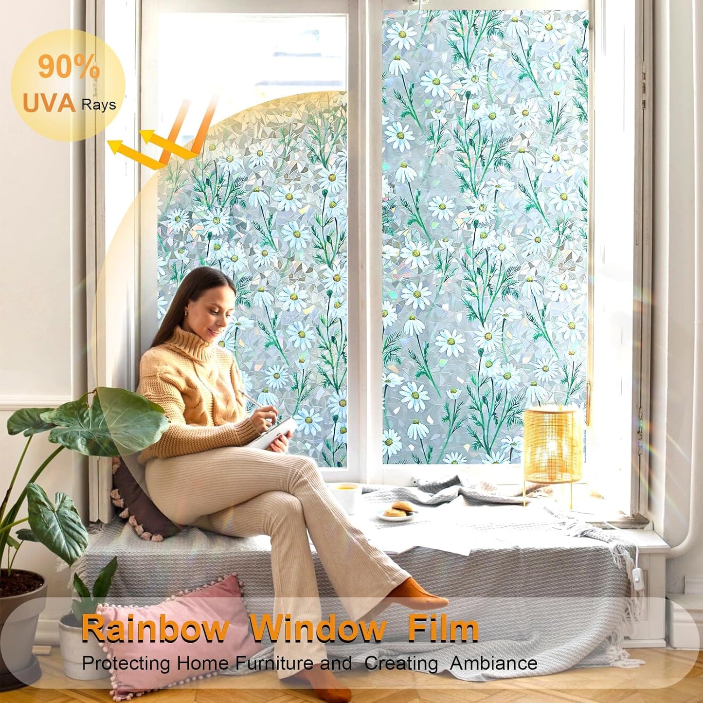 Window Privacy Film Stain Glass Window Film Rainbow Window Film Window clings Non-Adhesive Reusable Decorative for Room (Daisy Rainbow, 35.4 x 78.7 in)