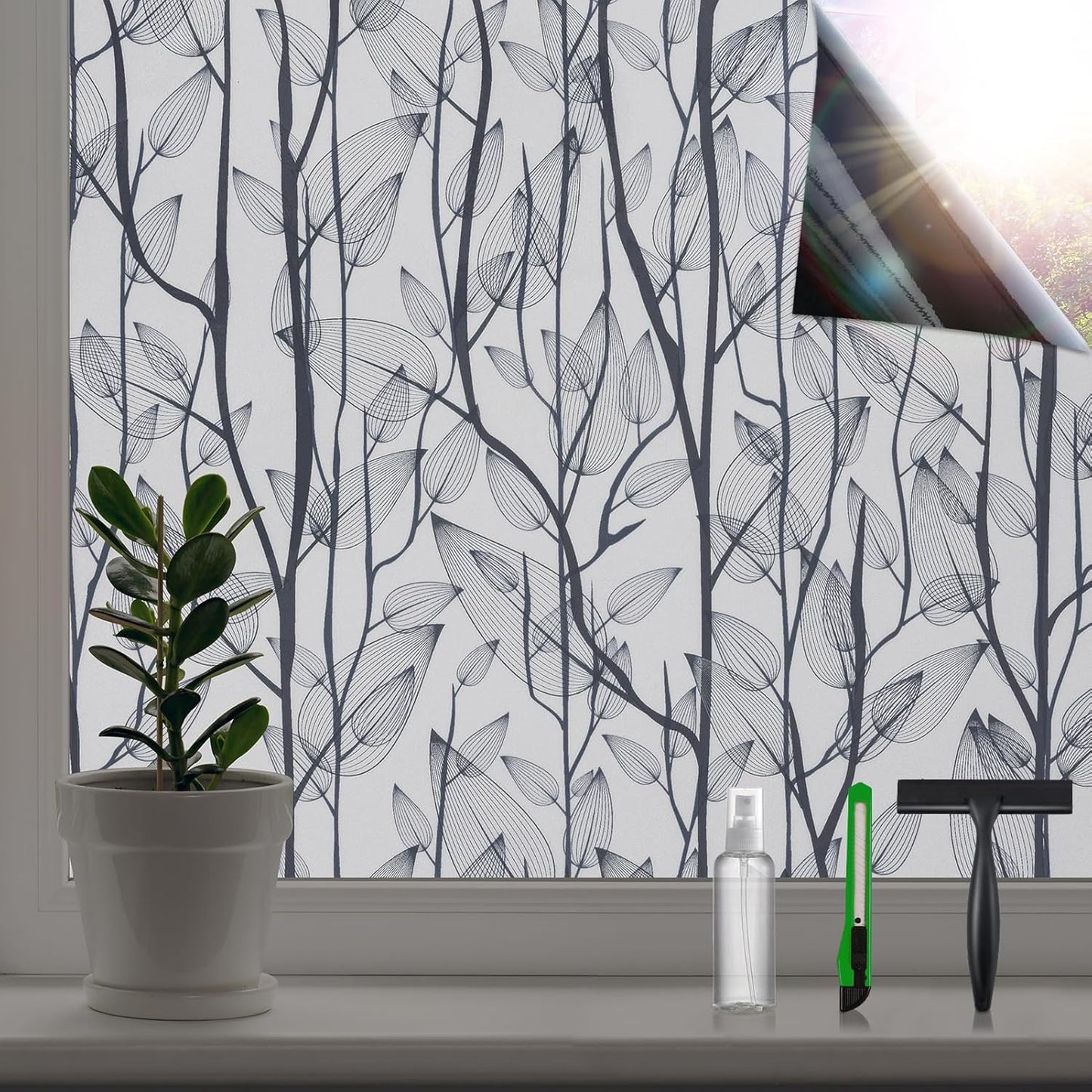 Leaf Pattern Window Tint with Installation Tools, Blackout Window Cover, Sun Blocking Window Tint for Home (Full Blackout Opaque, 17.7'' x 78.7'')