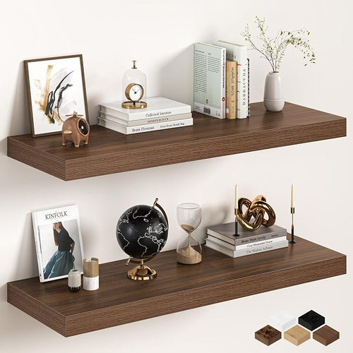 40Inch Walnut Floating Shelves for Wall, 12 Inch Deep Shelves for Bedroom by FunMemories