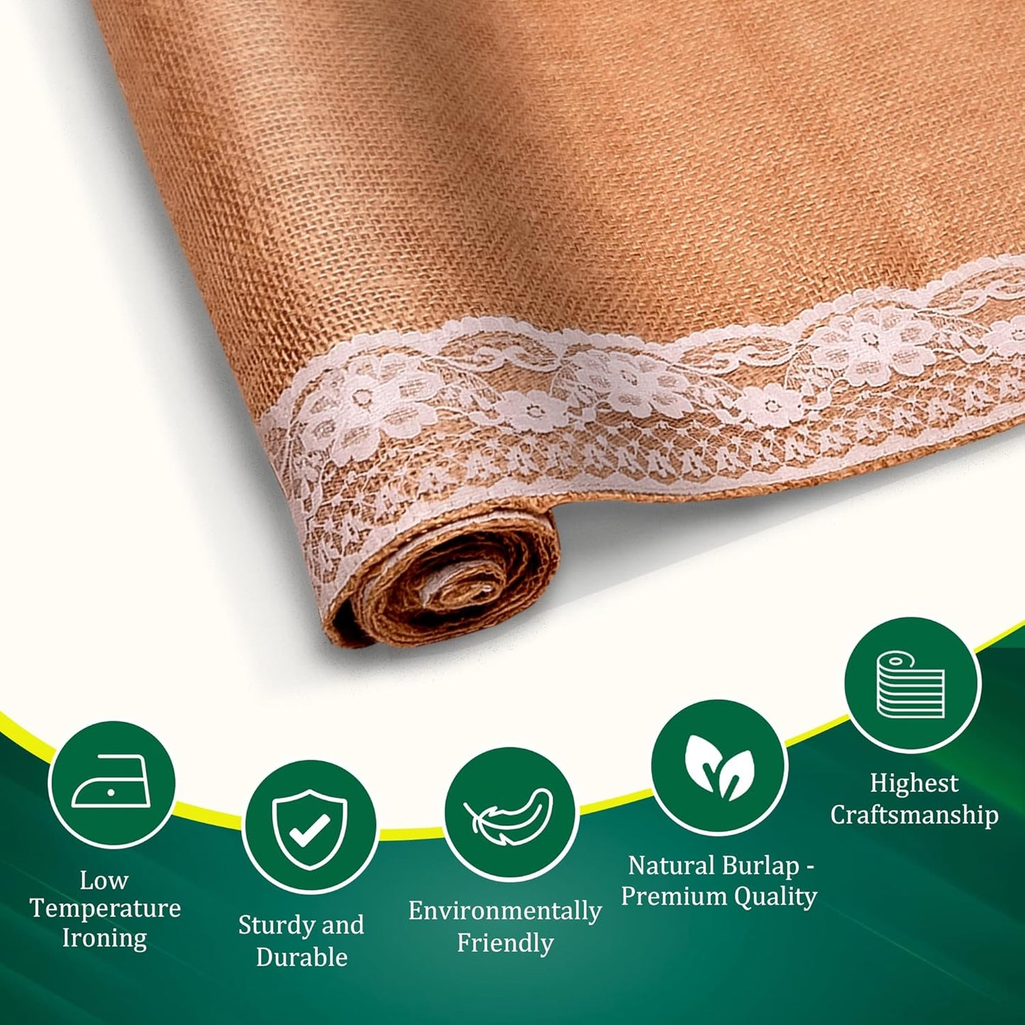 Burlap Lace Table Runner (Pack of 6) – 14”x 72” - No-Fray Finished Edge Natural Table Runner – No Odor, Eco-Friendly Burlap Runner - Perfect for Christmas, Wedding, Thanksgiving