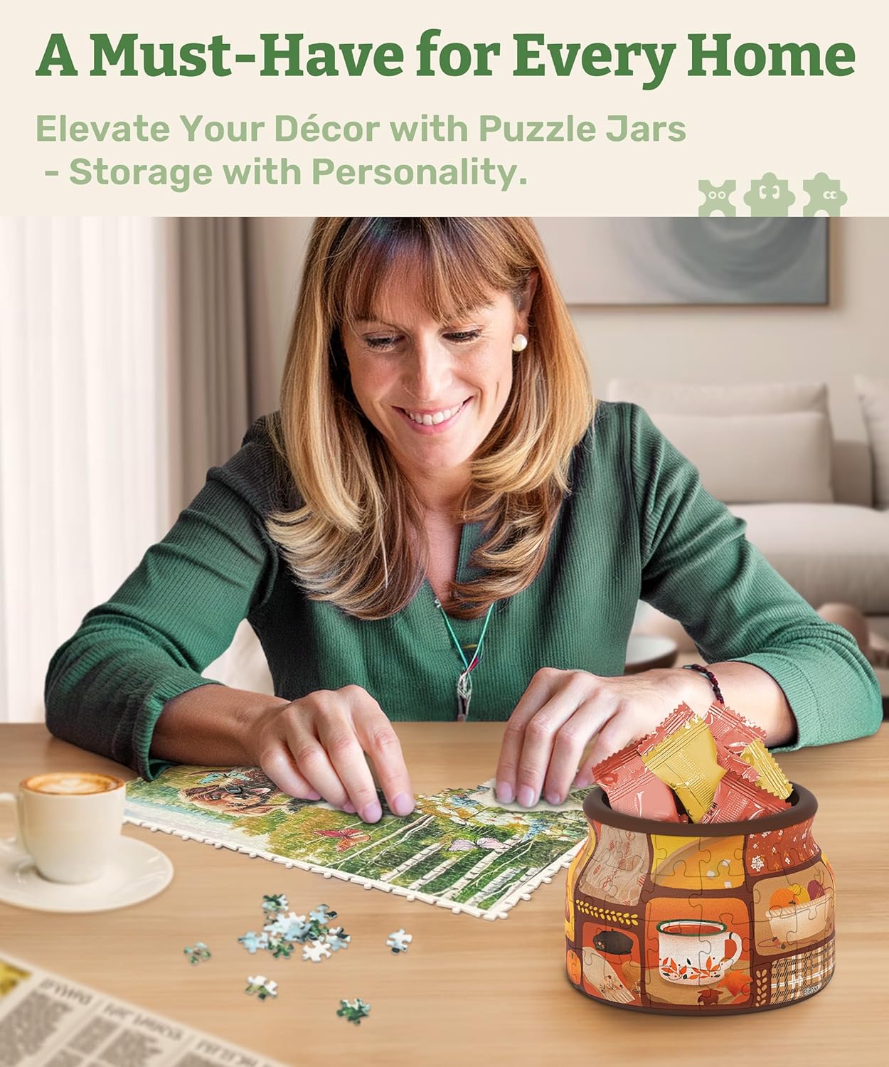 PieceRelax 3D Puzzle Jar 64 Plastic Pieces for Adults - Live Cozy - Wooden Lid Container for Kitchen Dining Study Living Room No Glue Requied Small [BC1021]